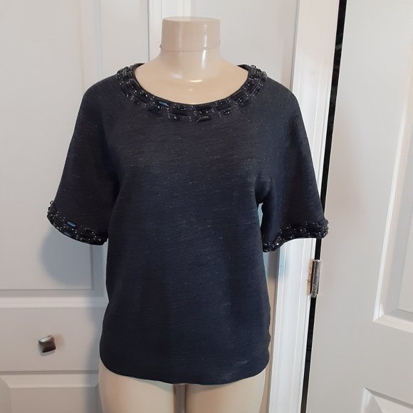 J. Crew Heathered Blue Rhinestone & Beaded Short Sleeve Cotton Sweatshirt - Picture 6 of 12